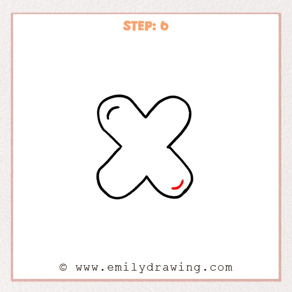 how to draw a bubble letter x - Step 6 of a bubble letter X adds a small curved highlight mark inside the lower-right section, matching the shiny highlight style used on the top-left.
